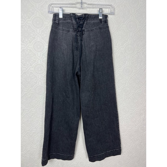 Free People CRVY Black Denim Jeans Wide Leg Cropped Tie Lace Up Waistband - Picture 3 of 10